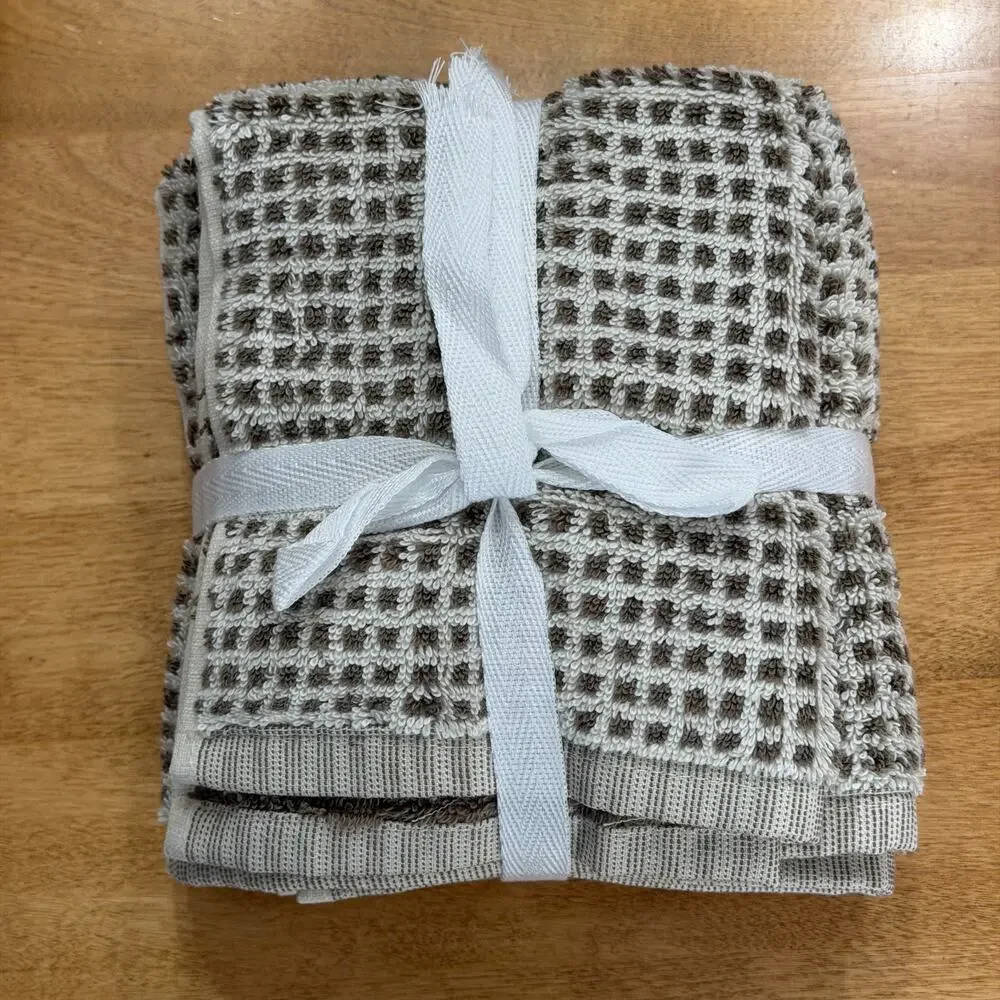 Brooks Brothers Set of 4 Premium Turkish Cotton Washcloths Taupe Ivory Grid NWT